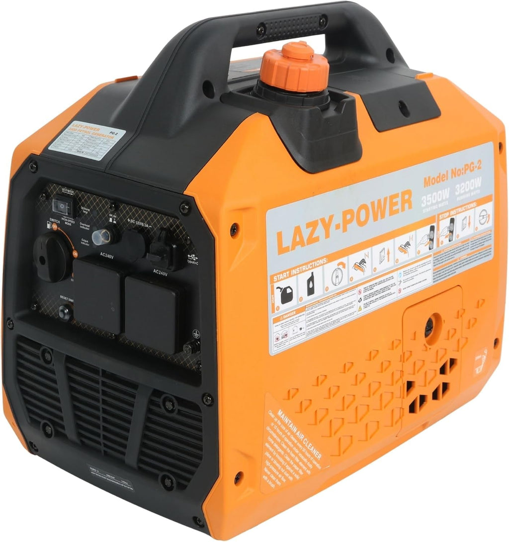 3500W Portable Inverter Generator Petrol, 4-Stroke 149Cc Quiet Power Station, Pure Sine Wave Generator with 6L Fuel Tank, 230V/50Hz, Ideal for Camping, RV, Outdoor, and Home Backup - Orange