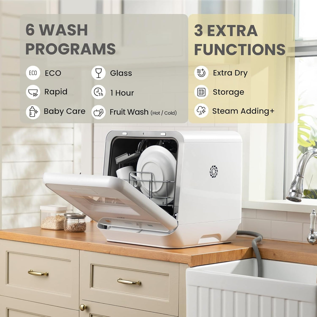 COMFEE’ Mini Table Top Dishwasher – 6+3 Programs, Steam Wash, Baby Care & Fruit Wash, Portable, No Plumbing