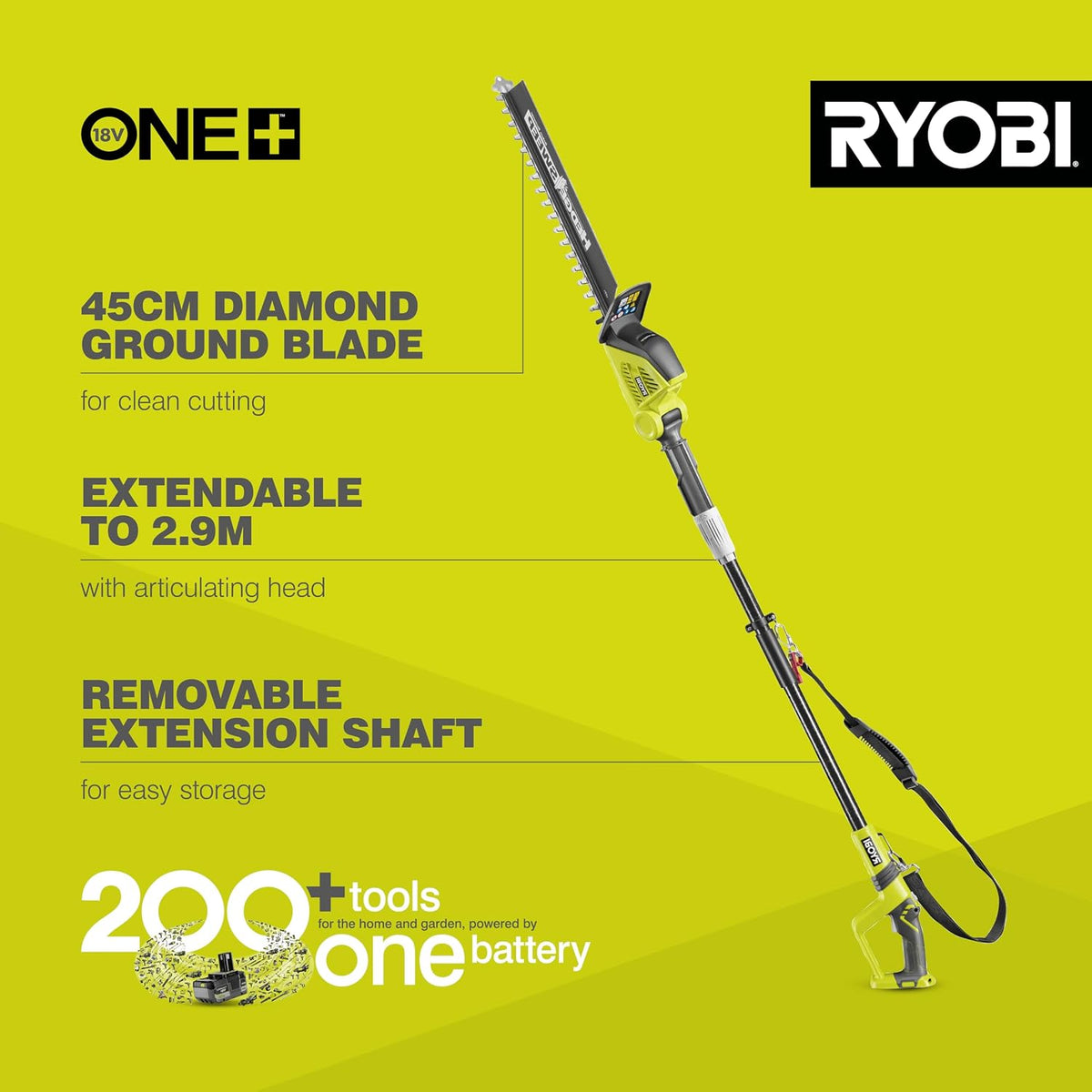 RYOBI OPT1845 18V ONE+ Cordless Pole Hedge Trimmer, 45cm Blade, Battery Not Included