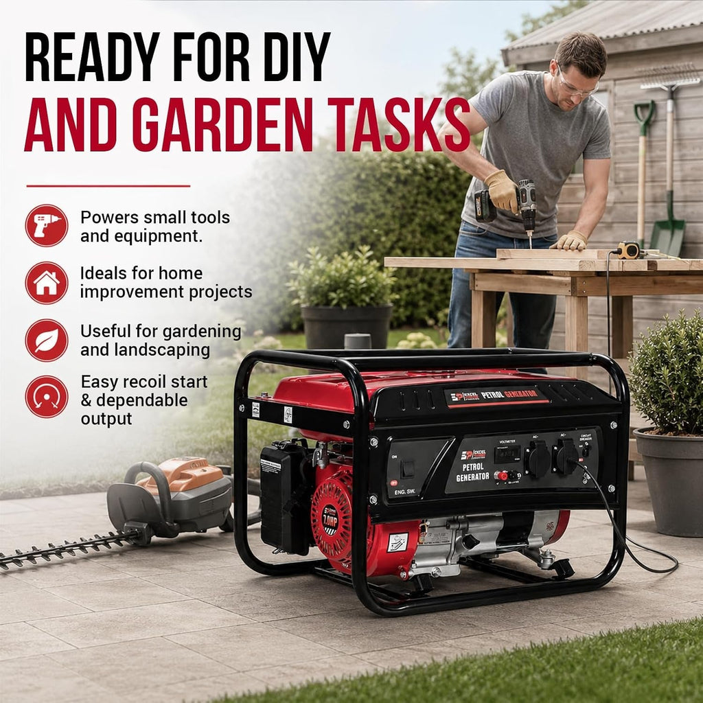 Excel Power XL2200E Portable Petrol Generator - 2300W Peak 2000W AVR Generator for Home & Camping with Digital Display | 15L Tank, Recoil Start & Low Oil Protection | 3 Year Warranty