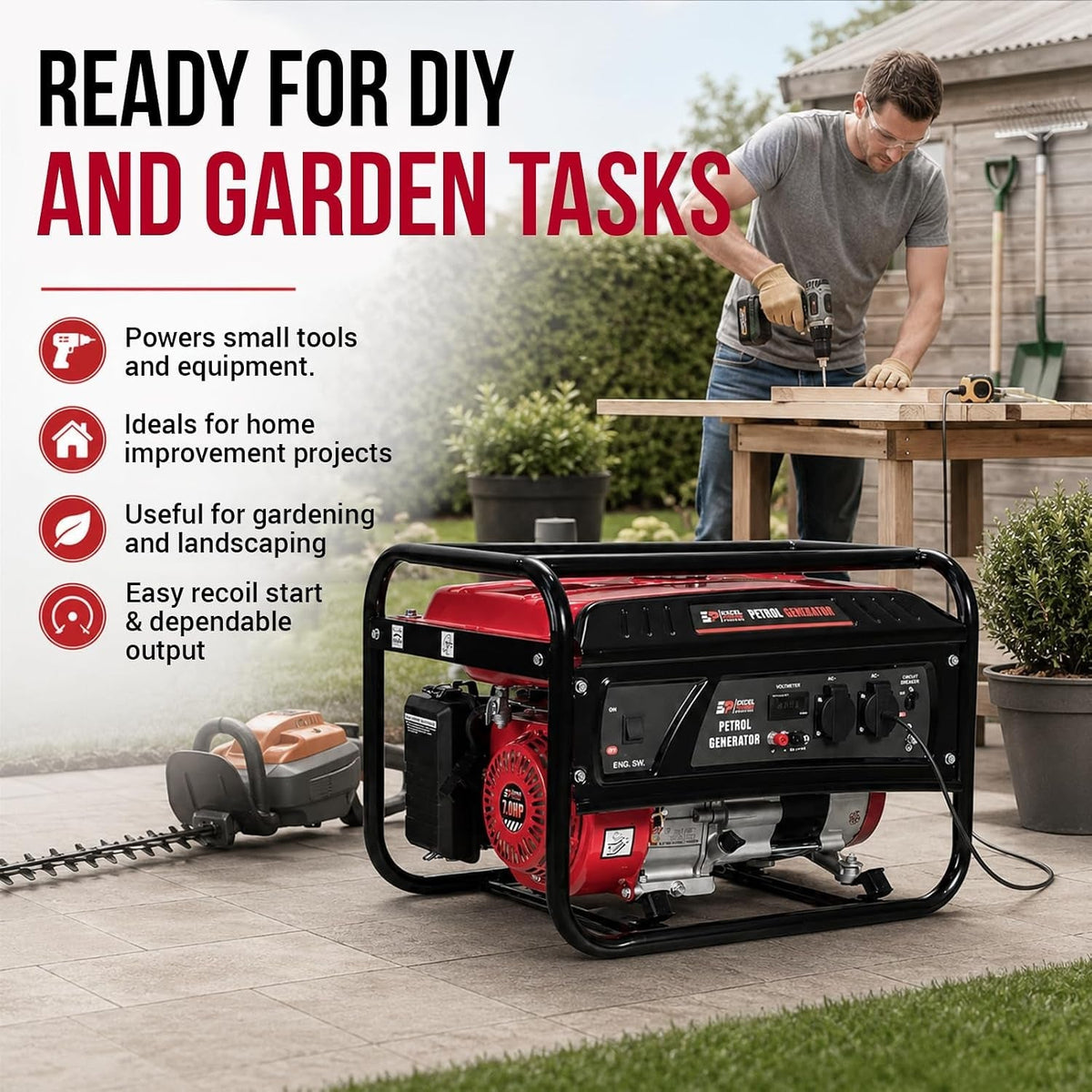 Excel Power XL2200E Portable Petrol Generator - 2300W Peak 2000W AVR Generator for Home & Camping with Digital Display | 15L Tank, Recoil Start & Low Oil Protection | 3 Year Warranty