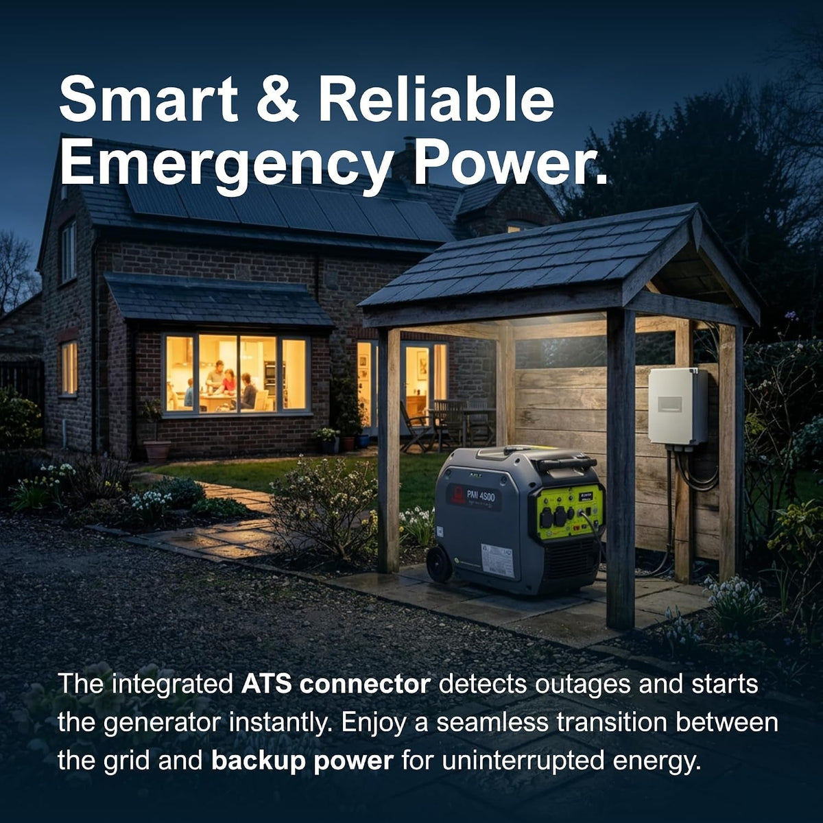 Pmi 4500 Inverter Petrol Generator - 4200W Max Power, Electric Start, Quiet Operation, Remote Control, ATS Compatible, Portable with Wheel Kit, Dual UK Sockets