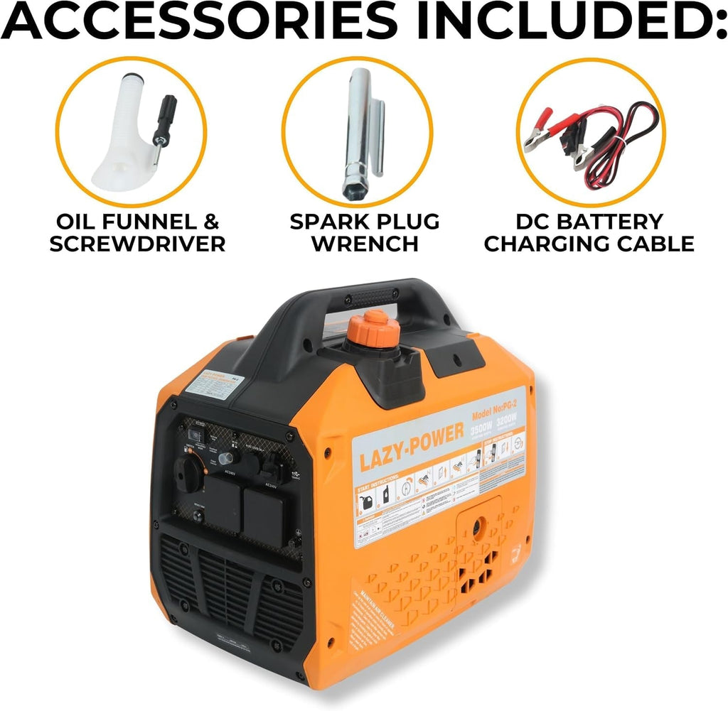 3500W Portable Inverter Generator Petrol, 4-Stroke 149Cc Quiet Power Station, Pure Sine Wave Generator with 6L Fuel Tank, 230V/50Hz, Ideal for Camping, RV, Outdoor, and Home Backup - Orange
