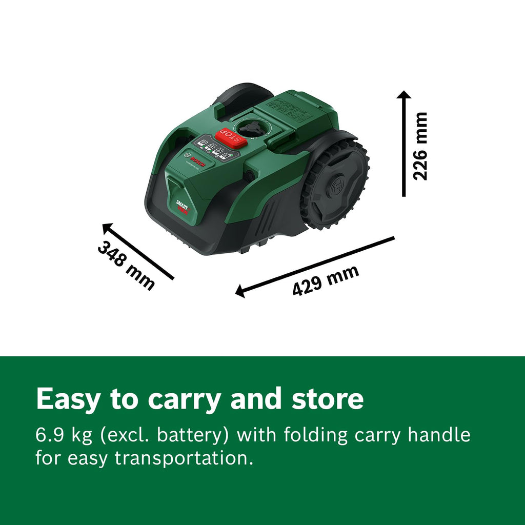 Bosch Cordless Robot Lawn Mower VISIMOW18V-100 (For Lawns up to 100 m², Cutting Width: 16 cm, Height of Cut: 20-60 mm, incl Battery and Charger)