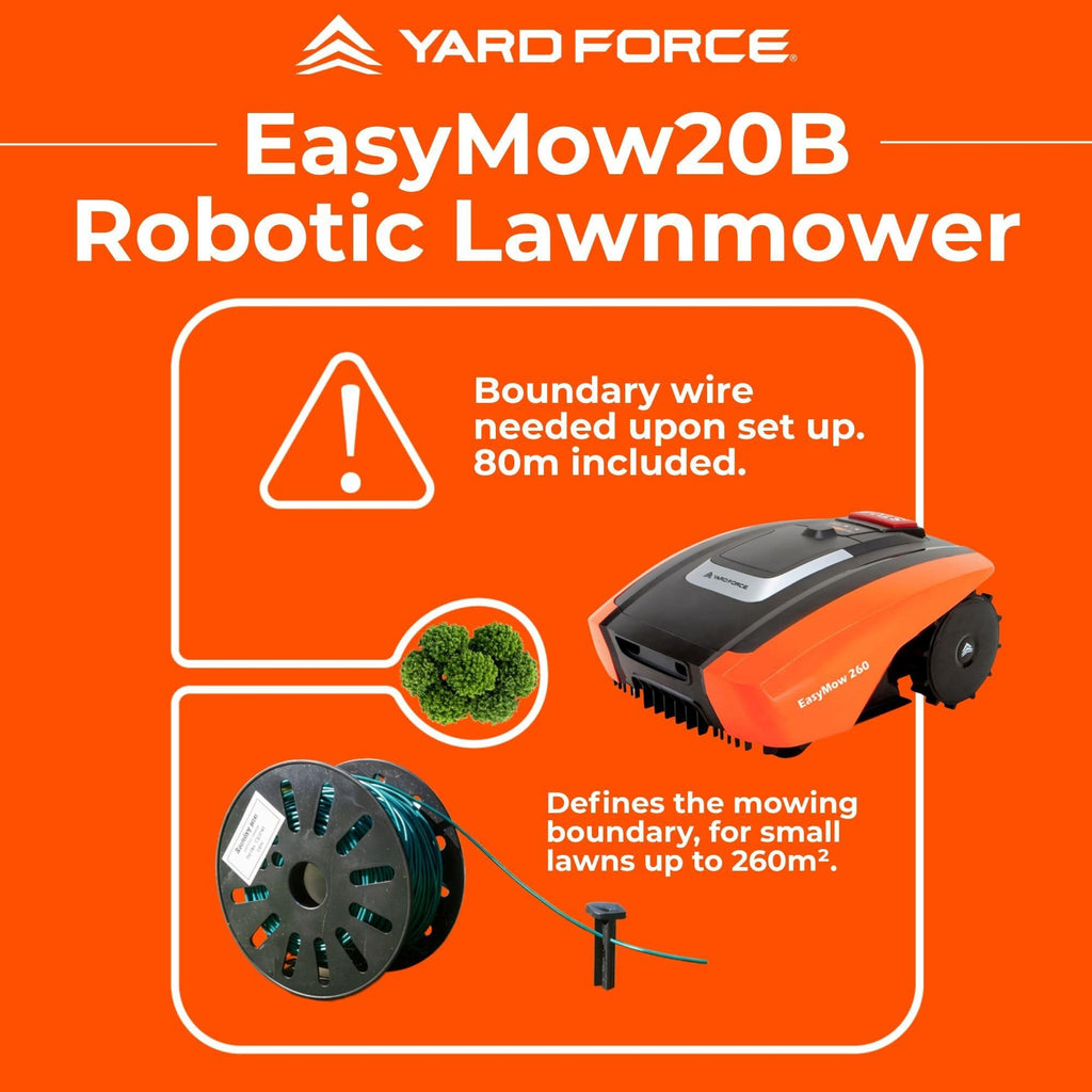 Yard Force EasyMow 260B Robotic Lawnmower with additional protection with built-in sensors: lift, obstacle, turnover, Tilt for lawns, Orange, 260 m²