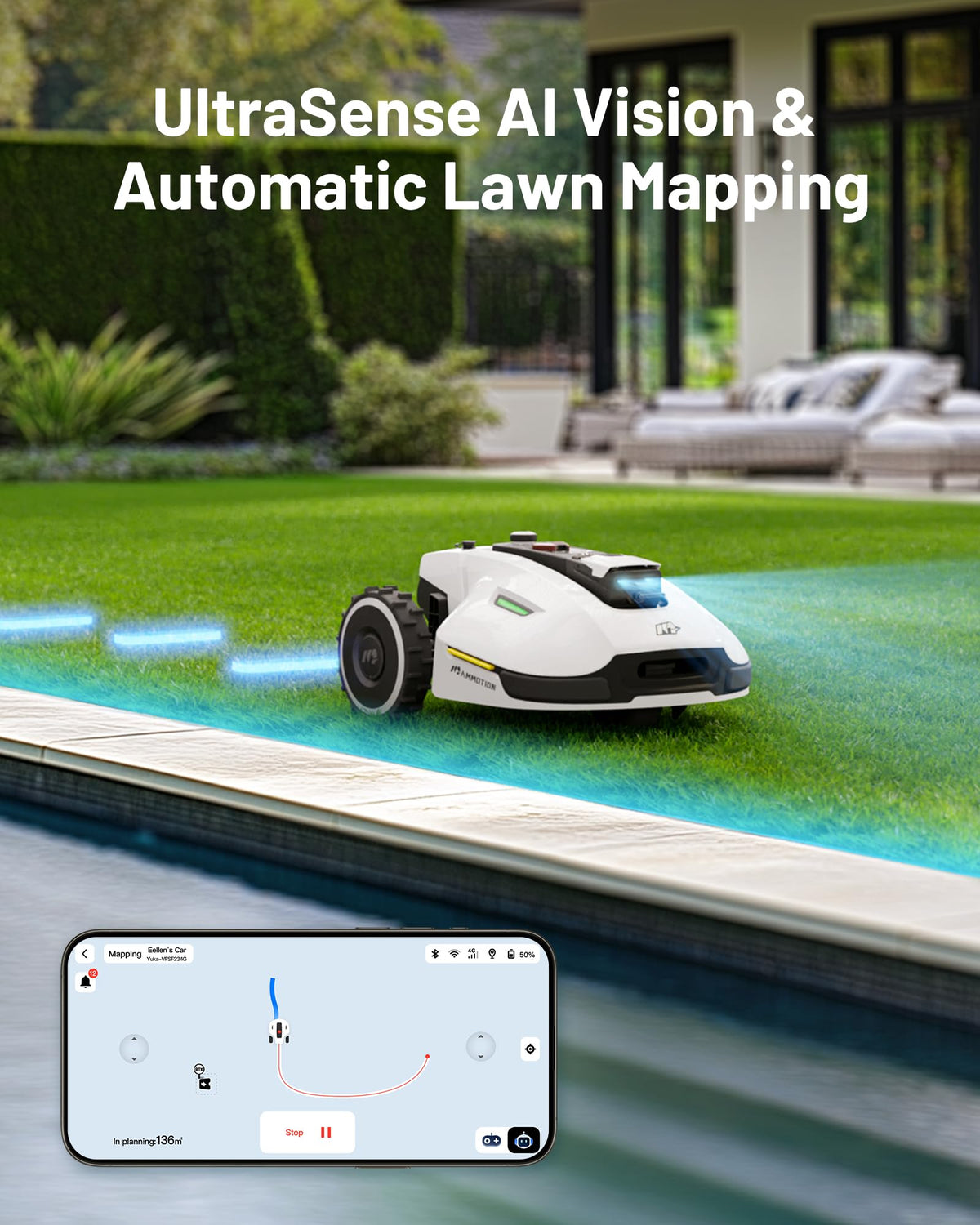 MAMMOTION YUKA 2000 Robot Lawn Mower, Perimeter Wire Free, Recommended 2000 m², Max.2400 m², Equipped with UltraSense AI Vision, Handles 45% Slopes, Cutting Heights 20-90mm, Automatic Mapping