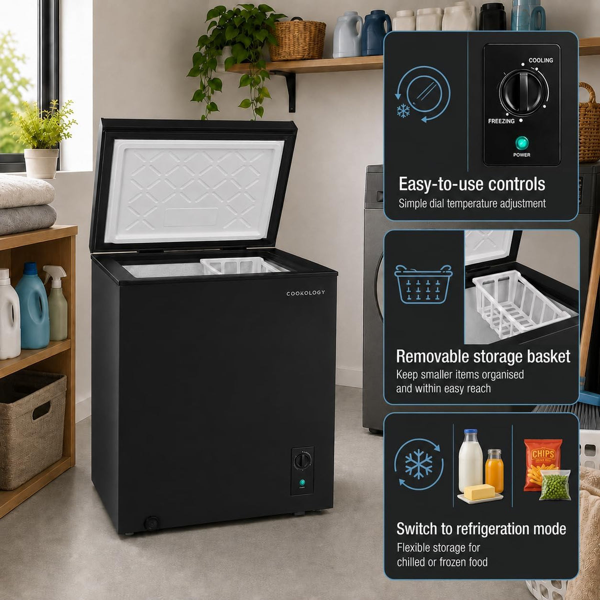 Cookology 99L Chest Freezer CCFZ99BK – Switches to Fridge Mode, Quiet 41dB, Garage Safe, Removable Basket, Black