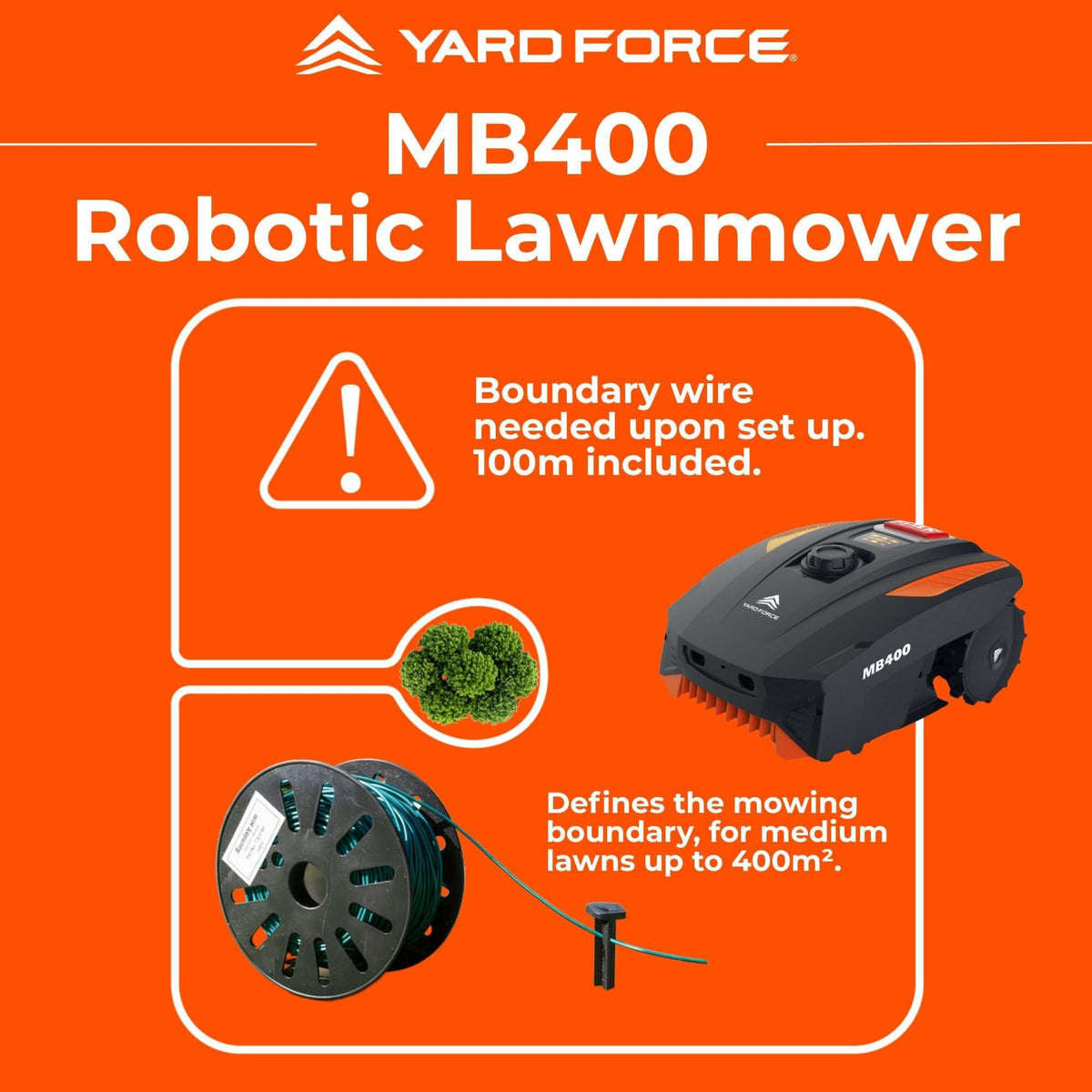 Yard Force MB400 Robotic Lawn Mower – 20V Lithium Battery, 16cm Adjustable Cutting Height 20–55mm, Bluetooth App Control, Ideal for Lawns up to 400m²