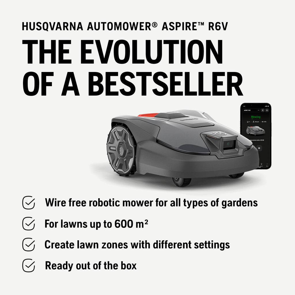 HUSQVARNA Automower® Aspire R6V – Wire-Free Robotic Lawn Mower, AI Vision Object Detection, GPS Navigation, Wi-Fi App Control, Systematic Mowing Patterns, Virtual Zones, Up to 600 m2