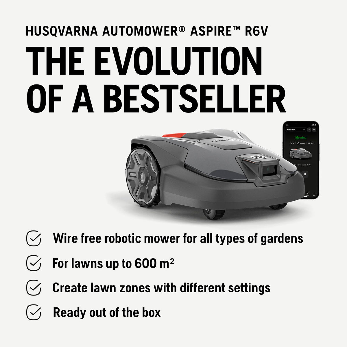 HUSQVARNA Automower® Aspire R6V – Wire-Free Robotic Lawn Mower, AI Vision Object Detection, GPS Navigation, Wi-Fi App Control, Systematic Mowing Patterns, Virtual Zones, Up to 600 m2