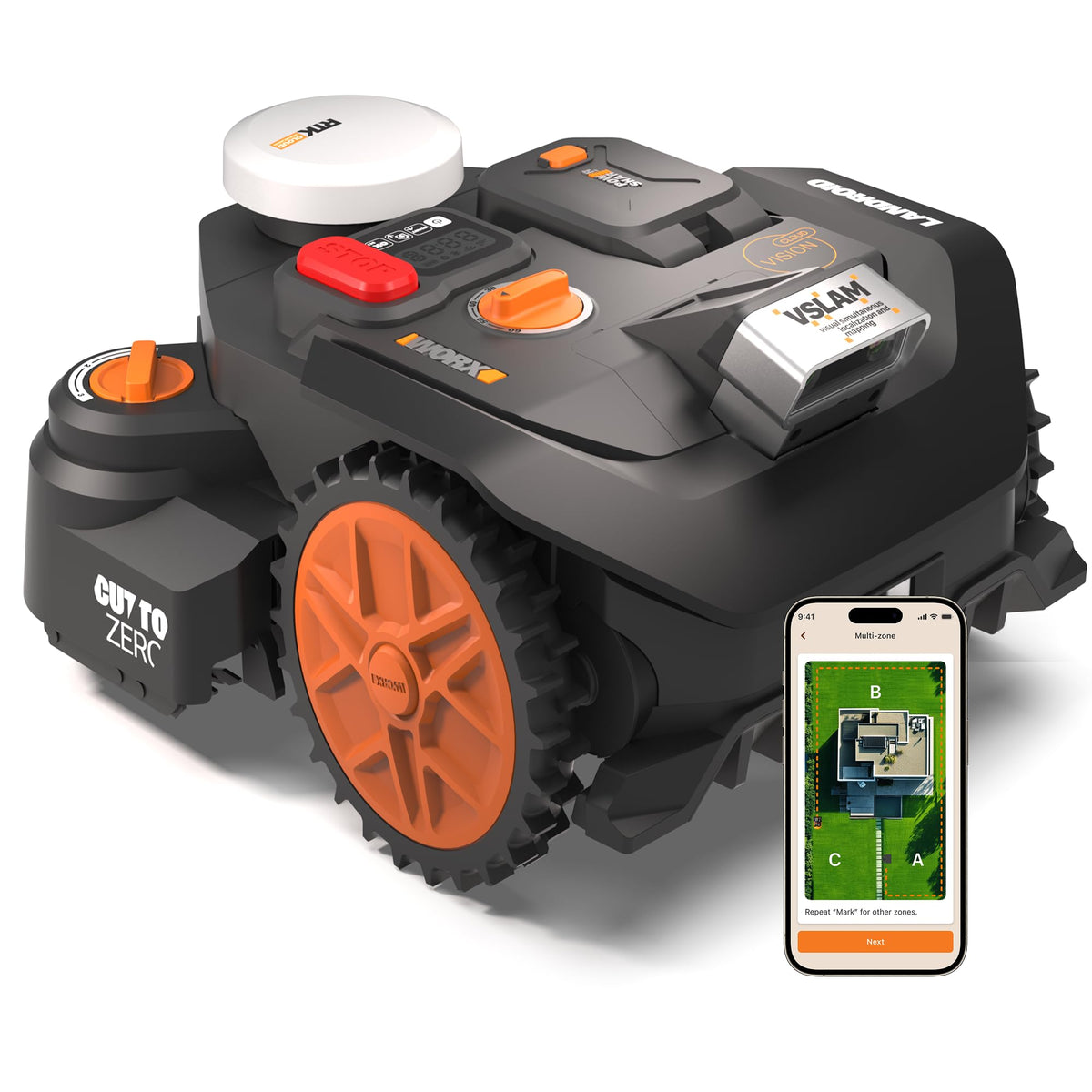WORX Landroid Vision Cloud WR306E 2WD Robotic Lawnmower without Boundary Cable for 600 m² with Cut to Zero Module (AI Obstacle Detection, VSLAM+ RTK Cloud Navigation, Auto Mapping, App Control)