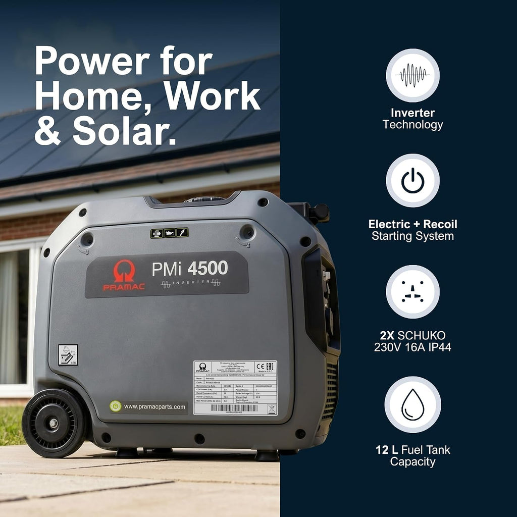 Pmi 4500 Inverter Petrol Generator - 4200W Max Power, Electric Start, Quiet Operation, Remote Control, ATS Compatible, Portable with Wheel Kit, Dual UK Sockets