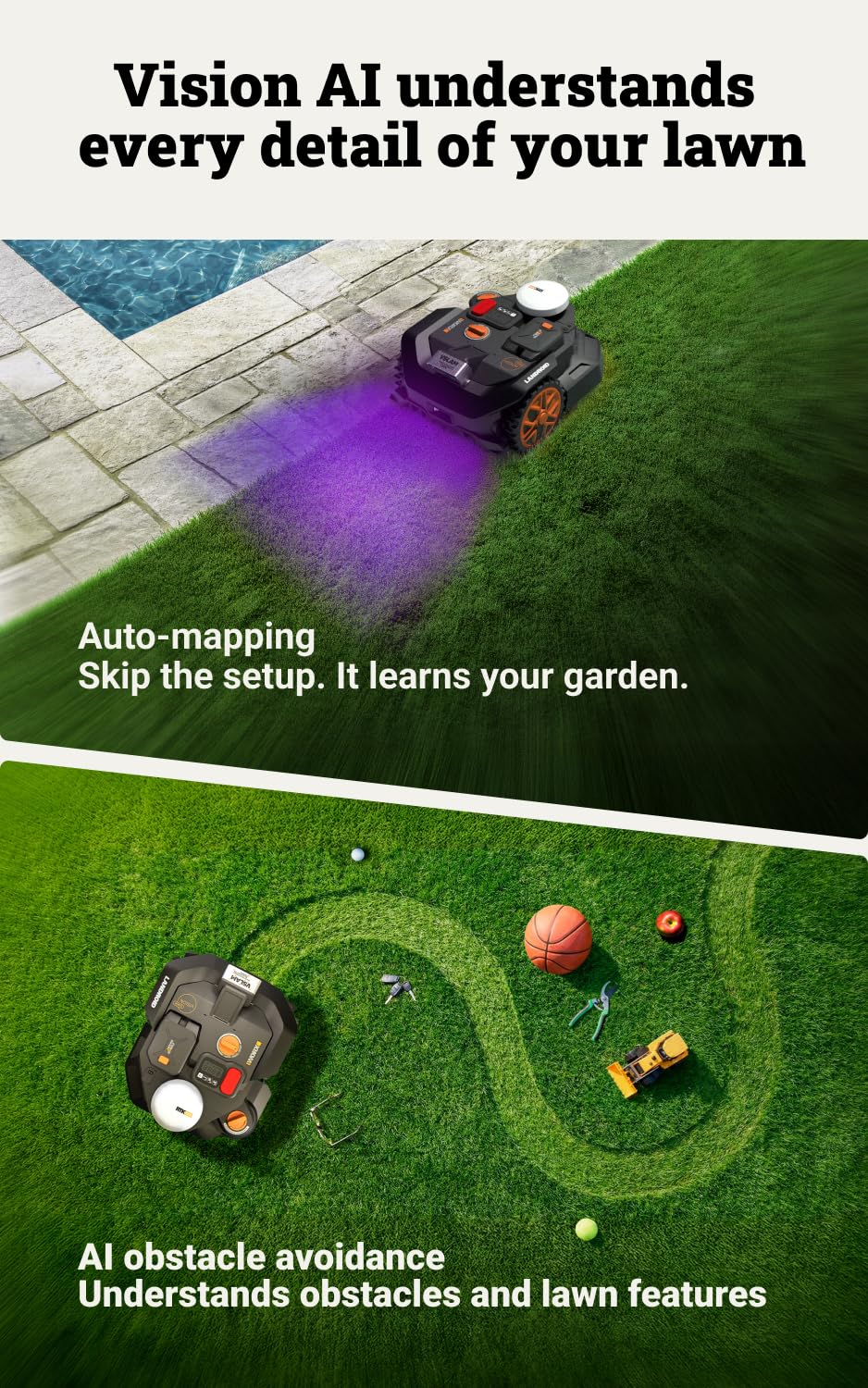 WORX Landroid Vision Cloud WR306E 2WD Robotic Lawnmower without Boundary Cable for 600 m² with Cut to Zero Module (AI Obstacle Detection, VSLAM+ RTK Cloud Navigation, Auto Mapping, App Control)