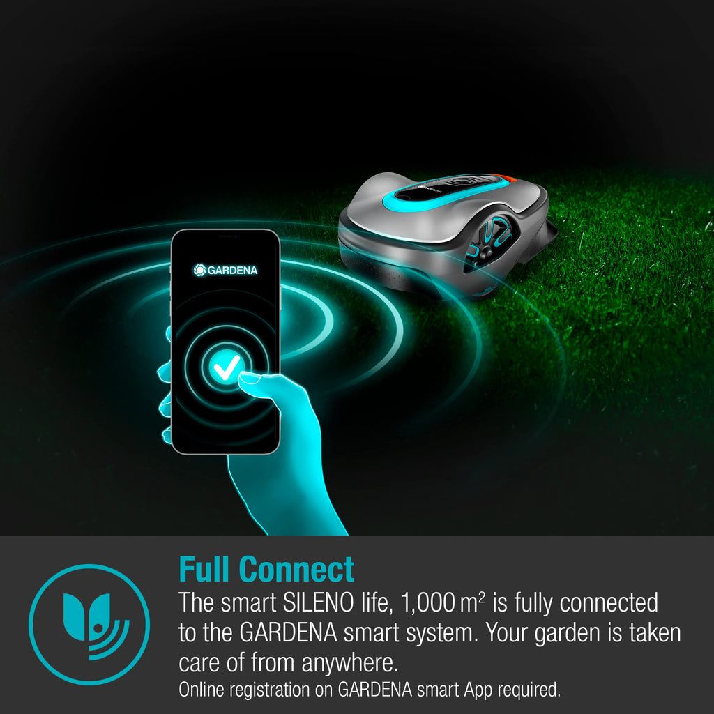 Gardena smart SILENO life 1000 m² robot lawnmower set: Innovative LONA AI technology, controlled via app, SensorControl, for slopes up to 35%, incl. smart gateway, EN version, UK plug (19702-68)
