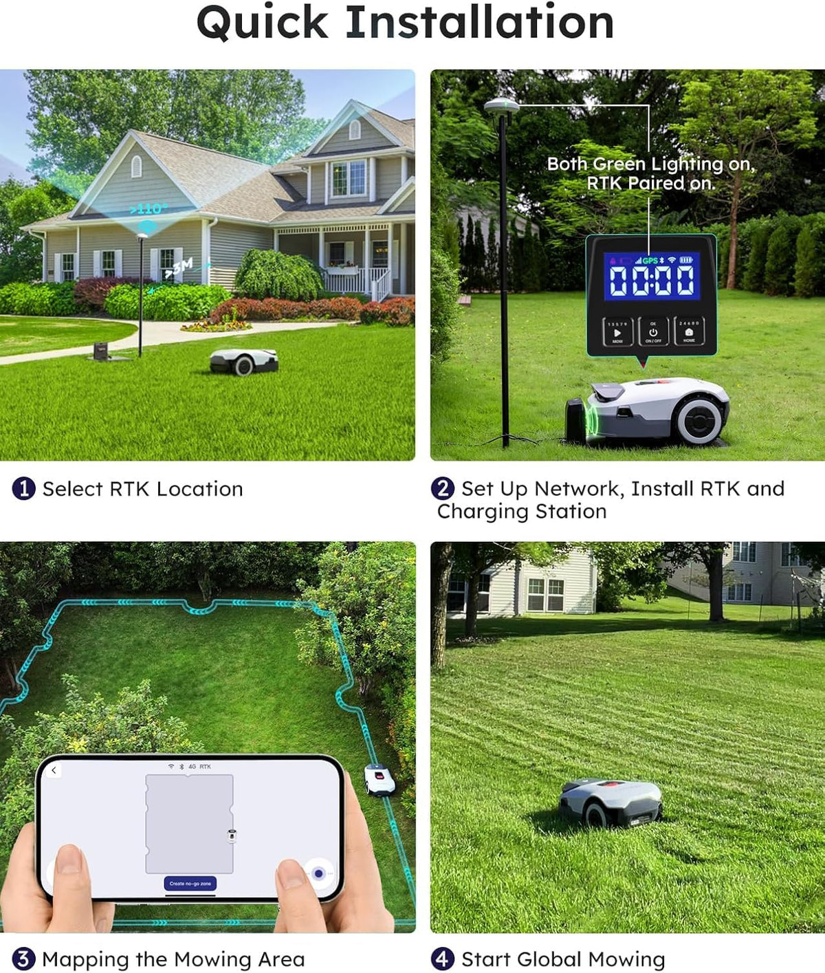 Robot Lawnmower NO Wire - 3000m², Full Band RTK+4-Eye Vision Robotic Lawn Mower, Automatic Mapping, 30 Multi-zone Management, Accurate Obstacle Avoidance, Intelligent Anti-Theft, APP Control