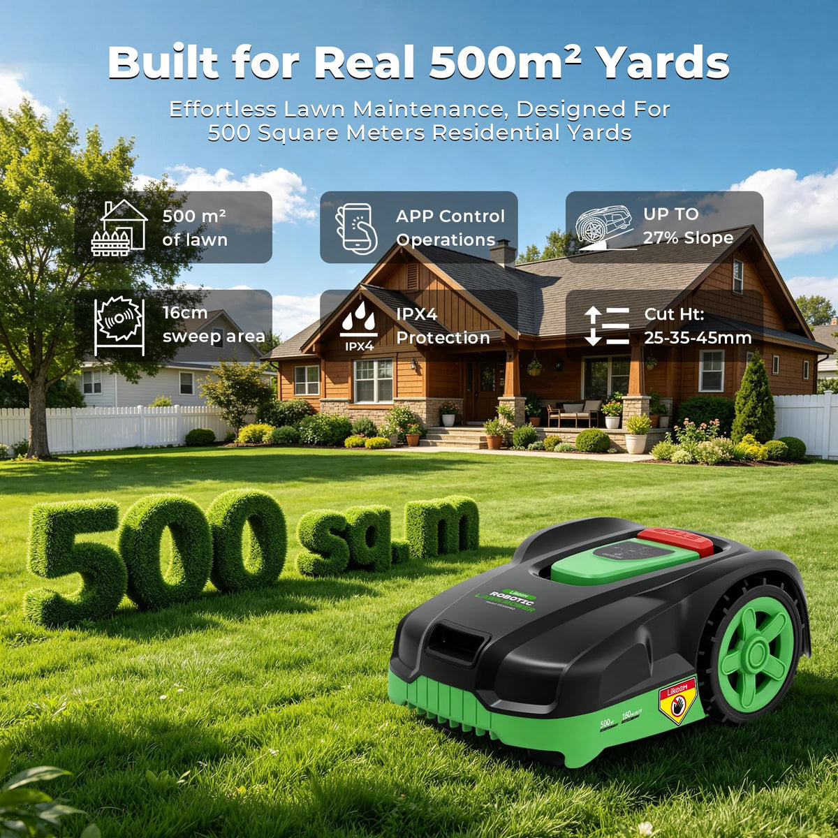 Robotic Lawn Mower, Automatic Robot Lawnmower with App Control, 500 sq m Working Area, 16cm Cutting Width, 25-45mm Cutting Height, IPX4 Waterproof, 27% Slopes, Self Charging for Garden Lawn