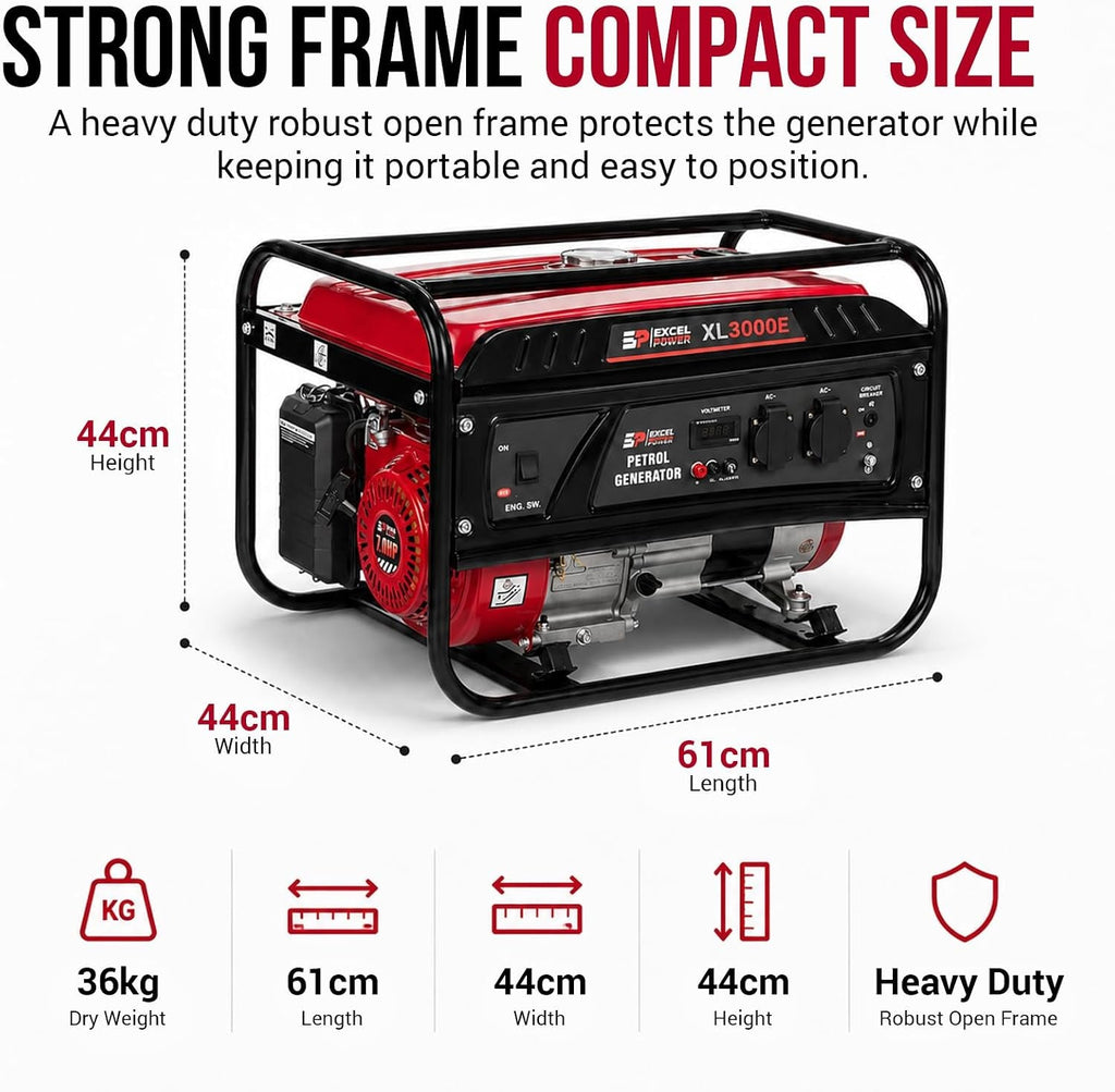 Excel Power XL2200E Portable Petrol Generator - 2300W Peak 2000W AVR Generator for Home & Camping with Digital Display | 15L Tank, Recoil Start & Low Oil Protection | 3 Year Warranty