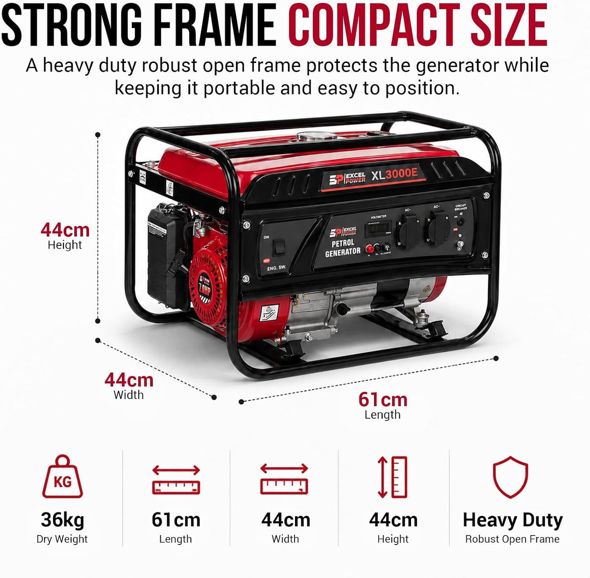 Excel Power XL2200E Portable Petrol Generator - 2300W Peak 2000W AVR Generator for Home & Camping with Digital Display | 15L Tank, Recoil Start & Low Oil Protection | 3 Year Warranty
