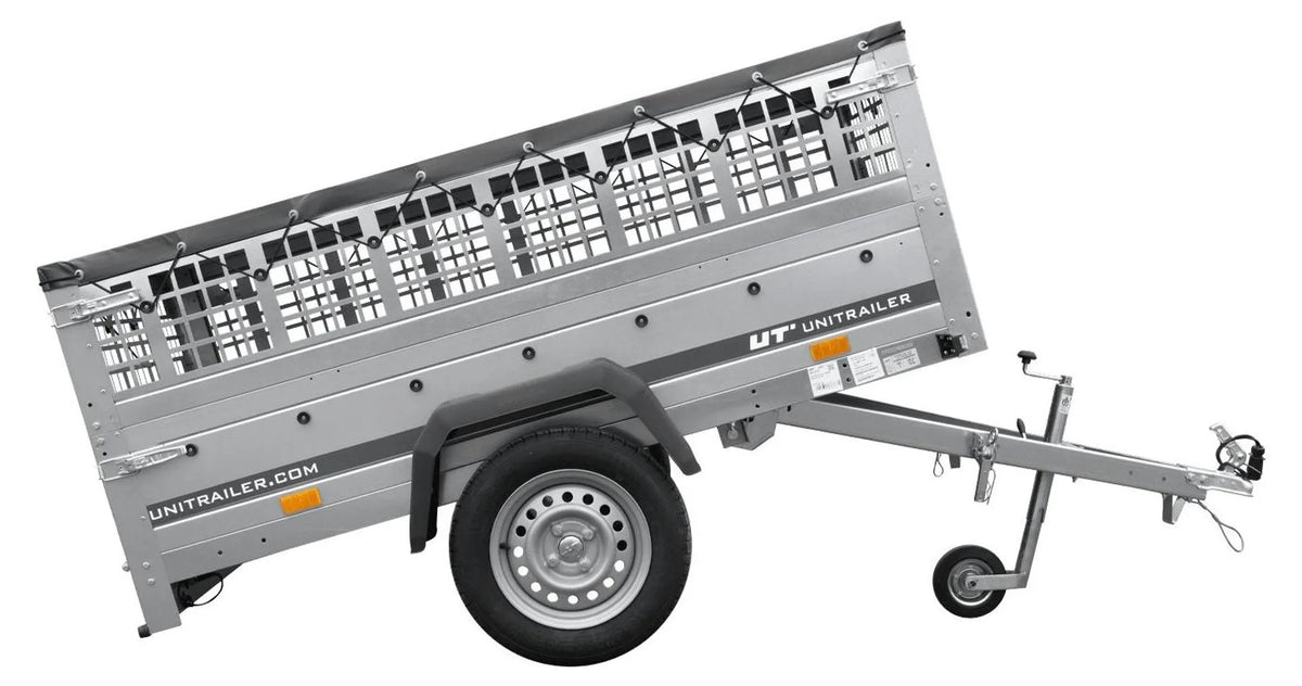 Car trailer GARDEN TRAILER 201 TIPP with mesh side extensions, support wheel and flat tarpaulin