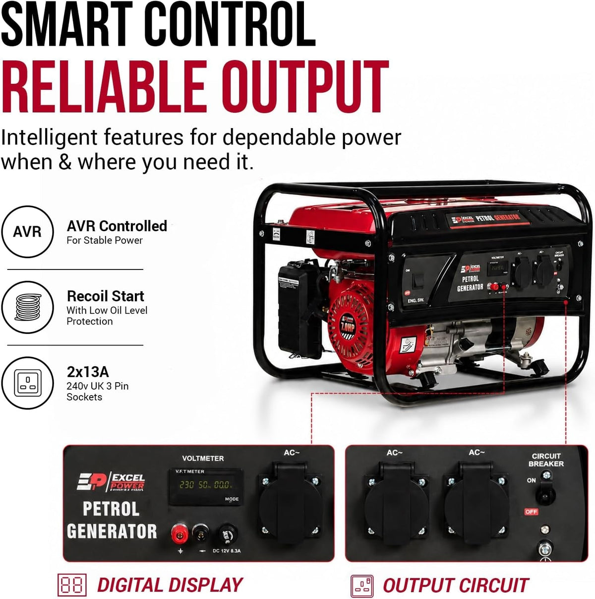 Excel Power XL2200E Portable Petrol Generator - 2300W Peak 2000W AVR Generator for Home & Camping with Digital Display | 15L Tank, Recoil Start & Low Oil Protection | 3 Year Warranty